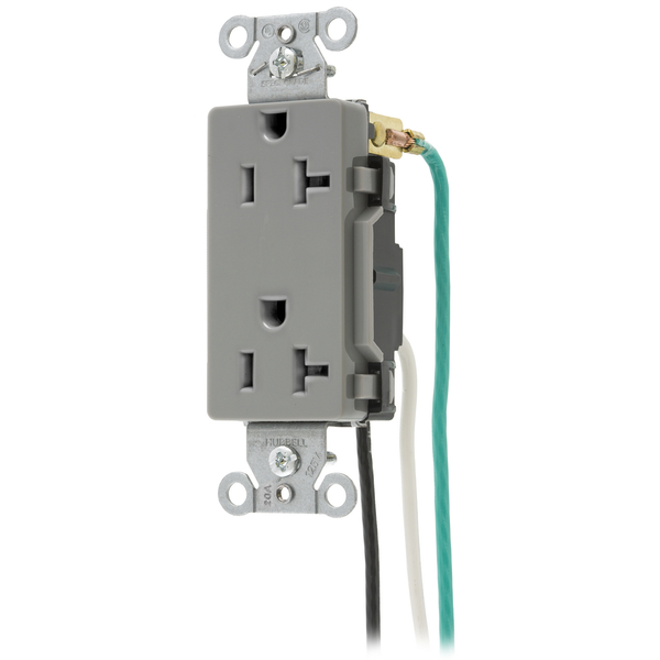 Hubbell Wiring Device-Kellems Straight Blade Devices, Receptacles, Duplex, Decorator/Commercial/Industrial Grade, 20A 125V, 5-20R, Pre-Wired 8"Stranded Leads DR20GRYP2